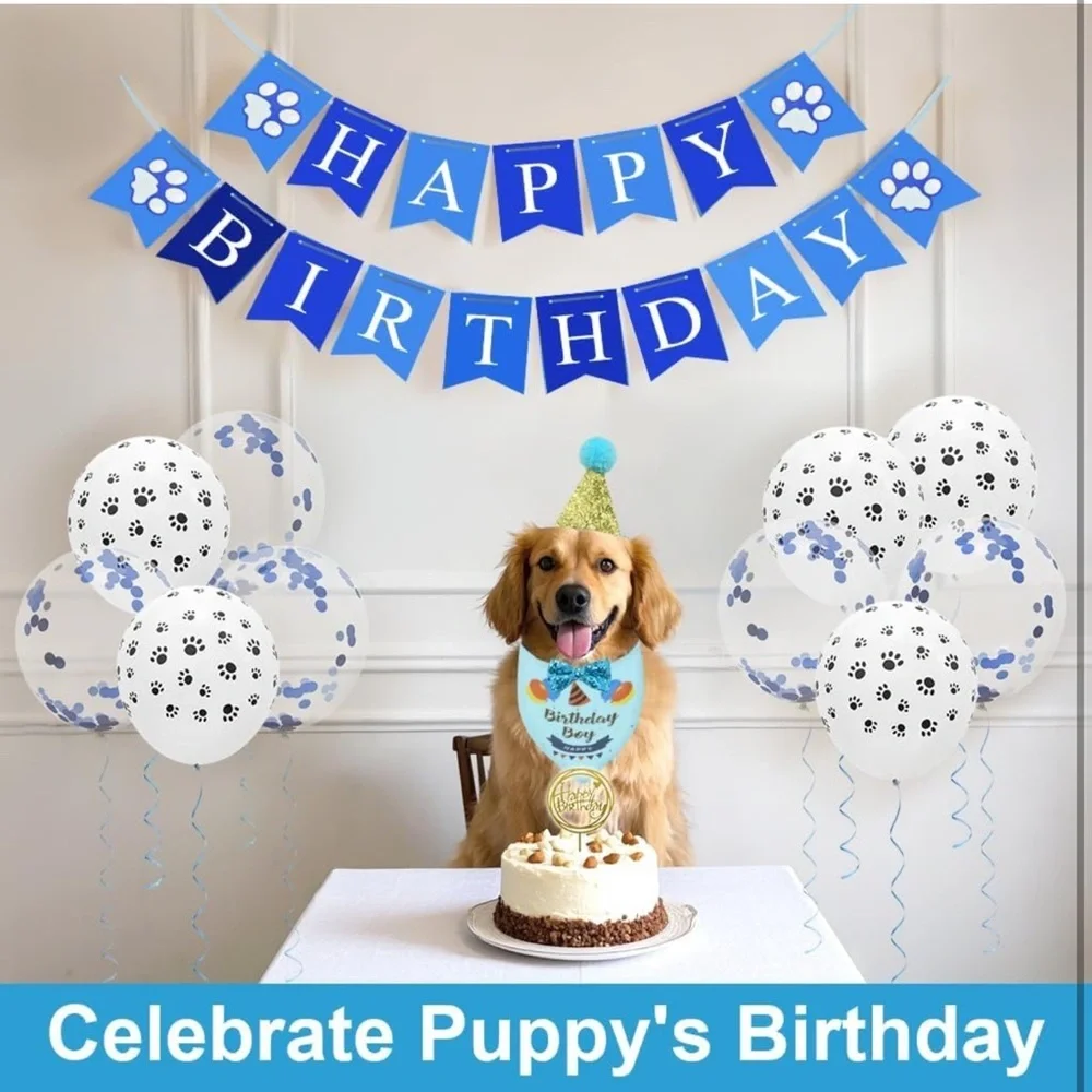Dog Blue Bandana Set with Hat, Scarf, Banner, Balloons and Bowtie